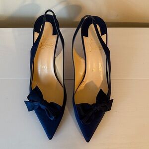 Christian Louboutin. Satin Navy Blue Women's Heels with elegant bow detail